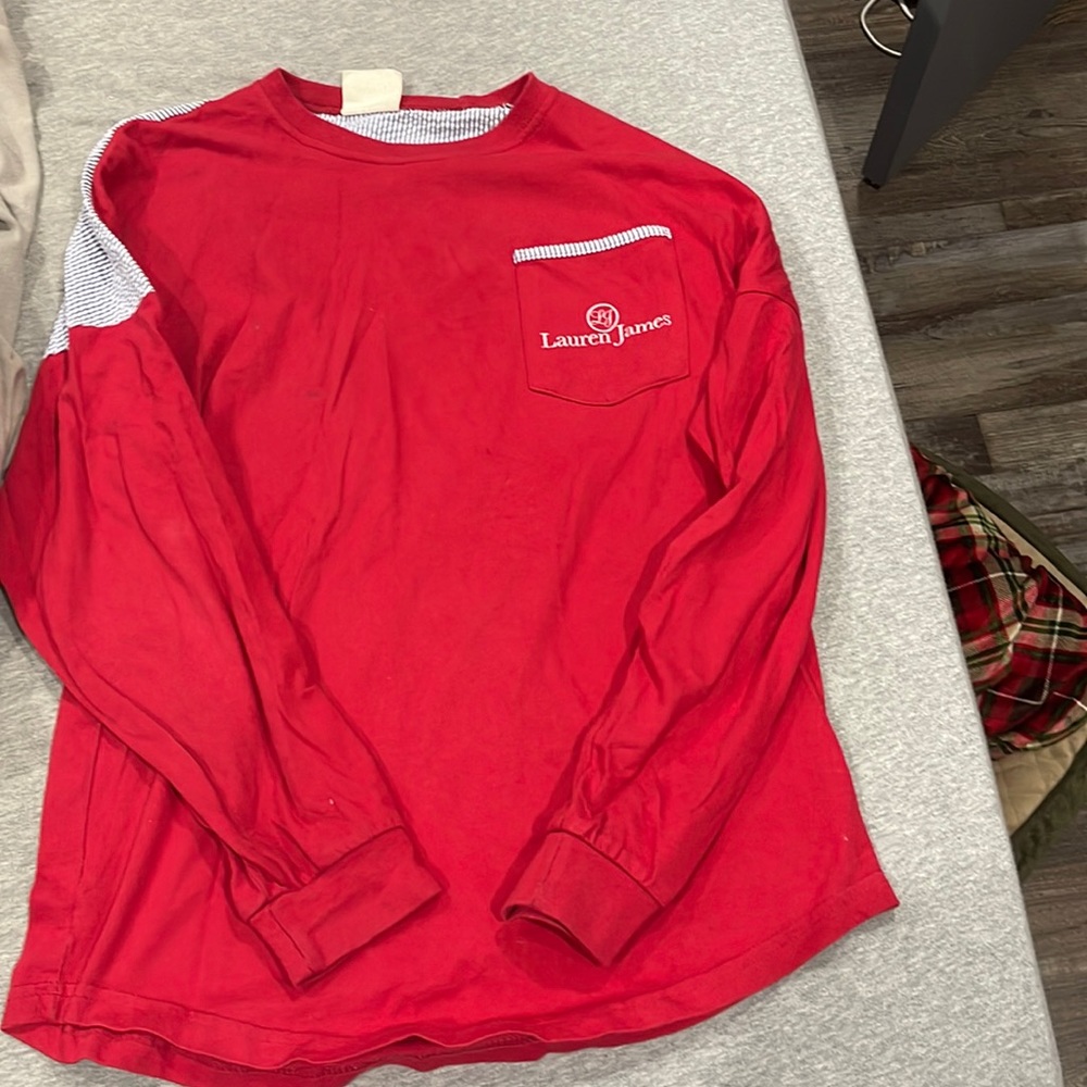 Red and seersucker blue Lauren James oversized long sleeve shirt